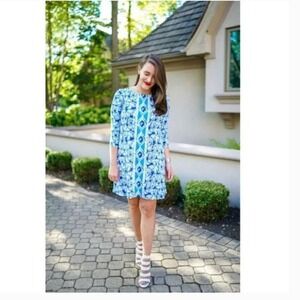 Lily Pulitzer Ophelia Blue White Get‎ Trunky Elephant Print Swing Dress Medium